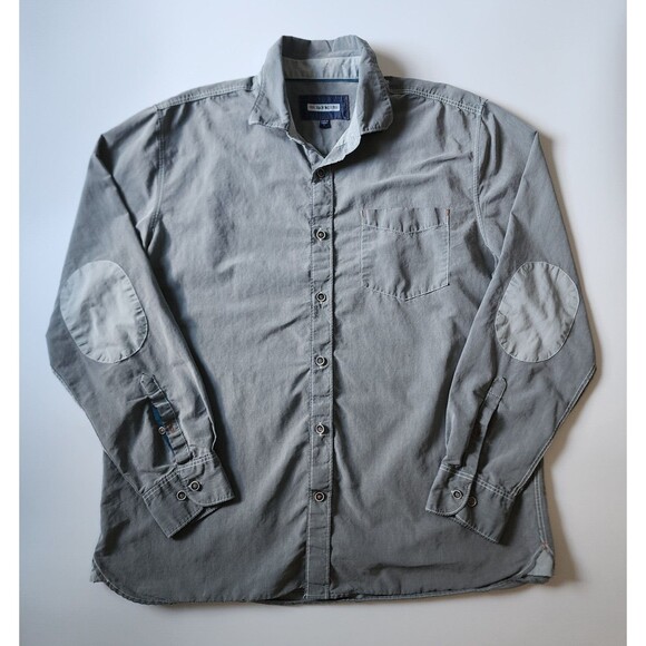 32 Bar Blues Shirt Mens L Gray Button Up Elbow Patches Casual Grunge Long Sleeve - Picture 1 of 14